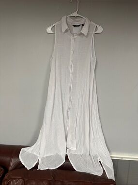 Mlle Gabrielle Long Gauzy White  Flowy Boho Fairy Button Front Top / Coverup, L